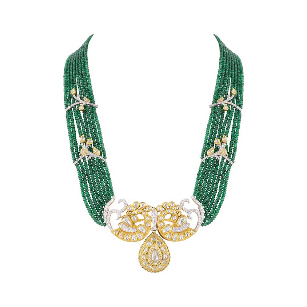 Layered Emerald Bead Necklace with Peacock Polki & Bud Motifs